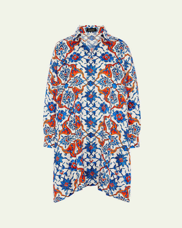 Printed Wide Collar Shirt (Very Long Length) with Slits